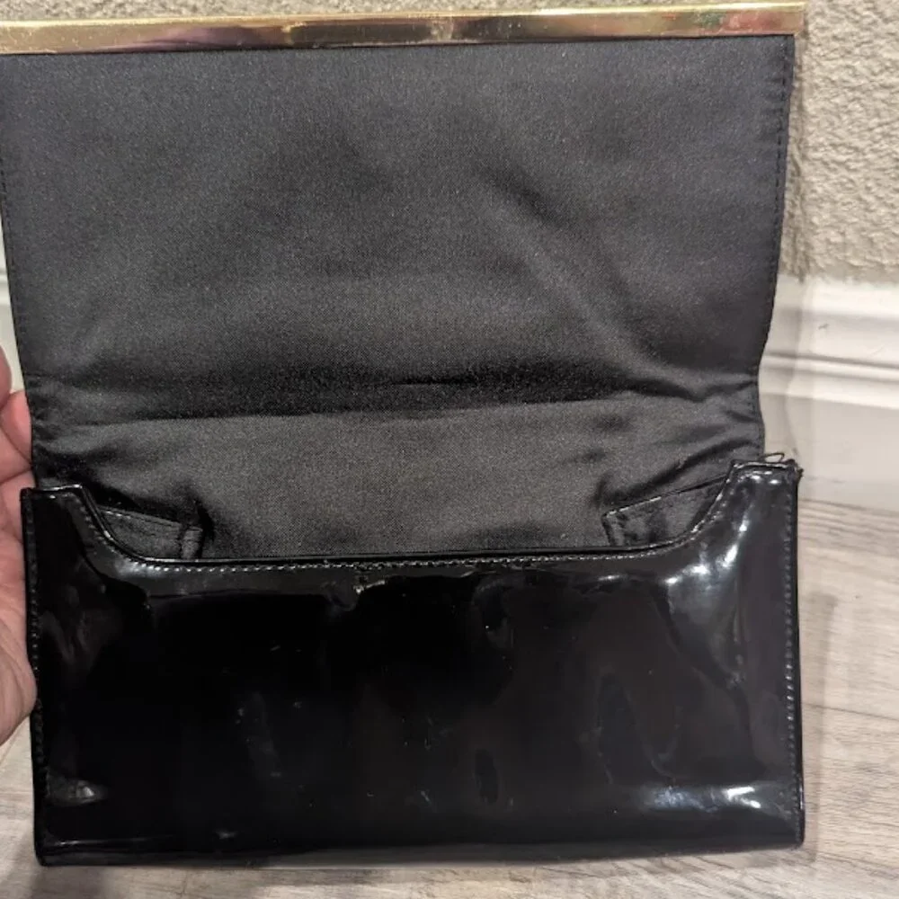 Estée Lauder Black Patent Glossy Evening Clutch | Gold Bar Trim